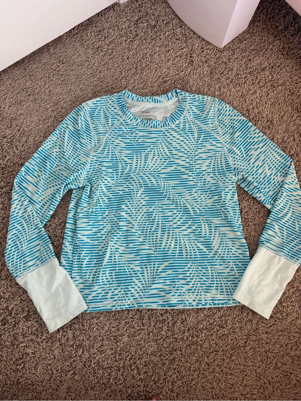 Athleta Girl Blue & White Palm-Pattern Long Sleeve Rashguard